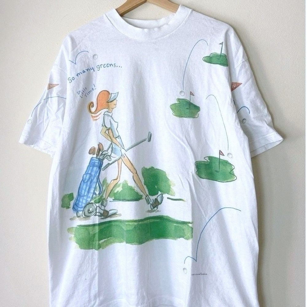 Vintage 90's PGA Tour Golf So Many Greens AOP Art White Tee Shirt
